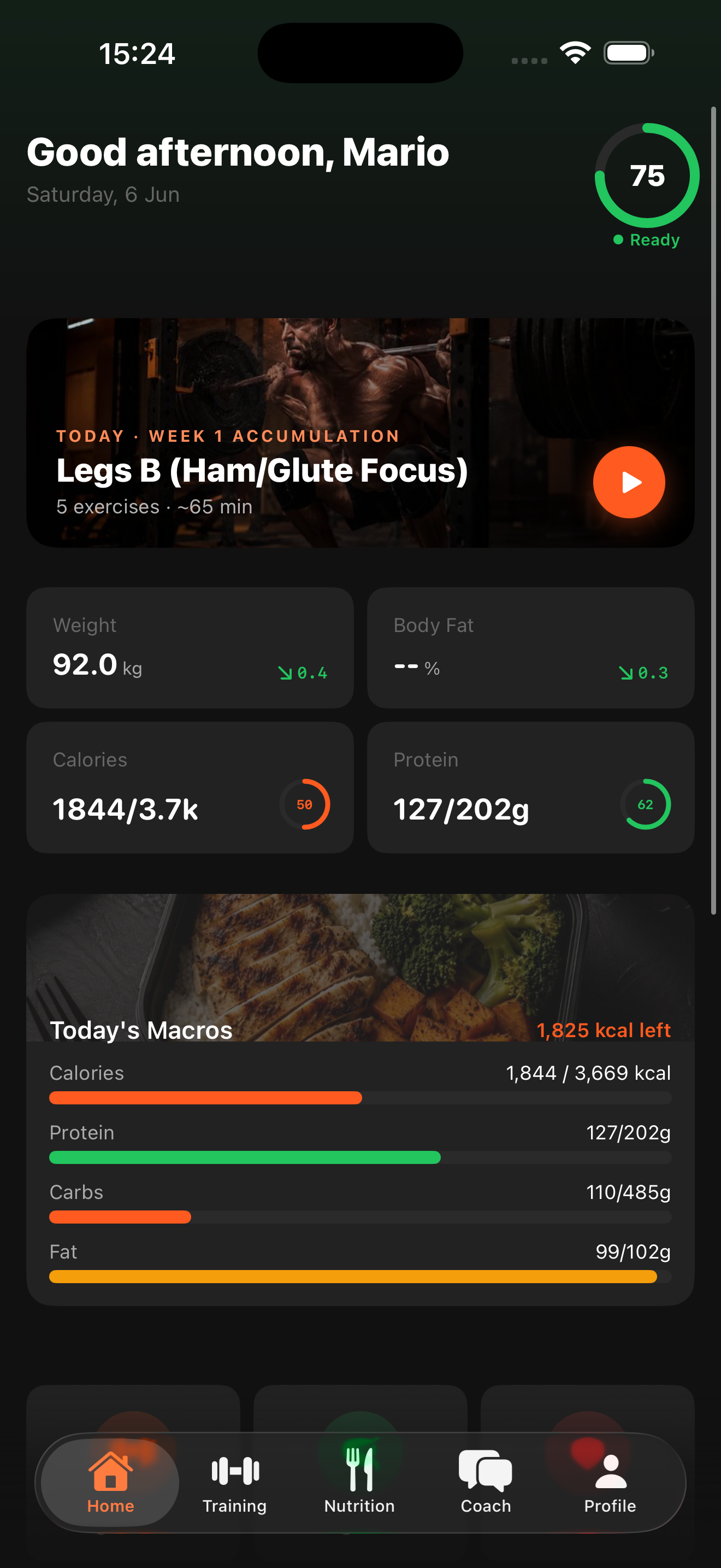 Dashboard showing readiness ring, weight, body fat, and today's workout