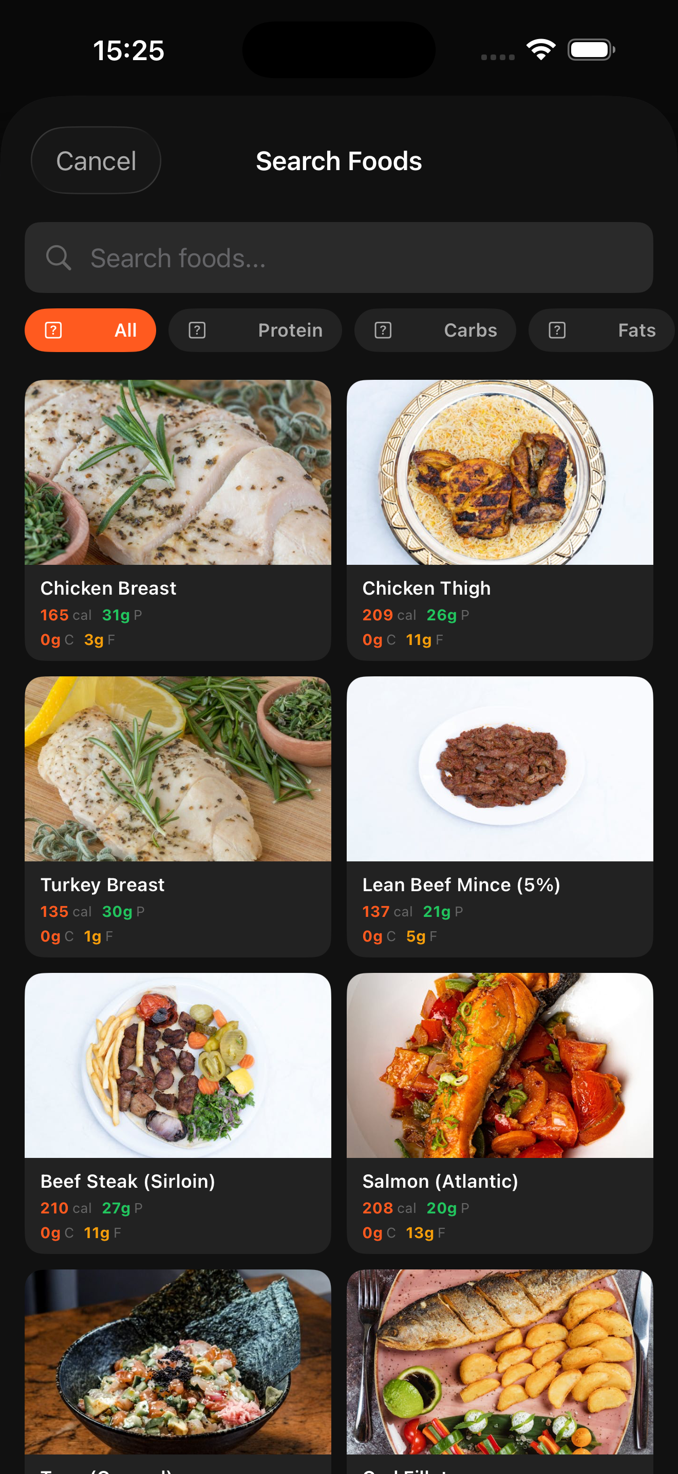 Food search with visual grid showing meal photos and macros