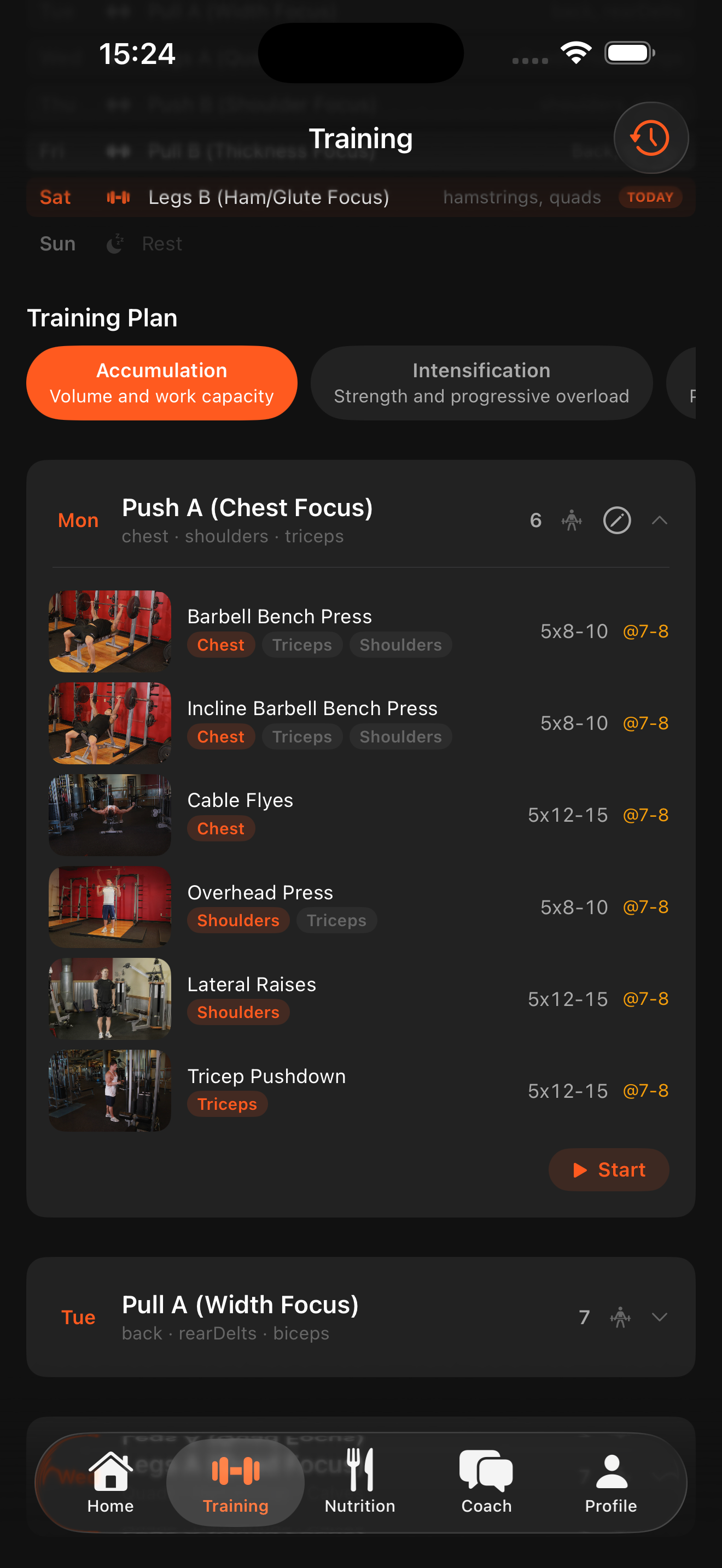 Periodized training plan with accumulation, intensification, and deload phases